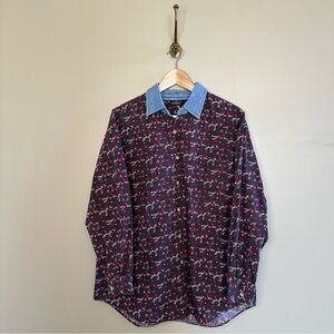 Vintage Chic floral button down shirt with a chambray collar- L